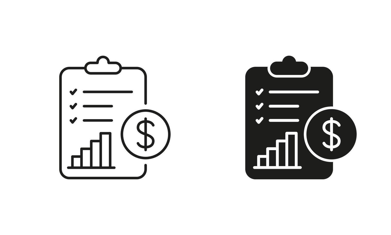 Financial Budget Line and Silhouette Icon Set. Finance Payment Document, Money Report on Clipboard Pictogram. Tax Accounting Symbol. Editable Stroke. Isolated Illustration vector