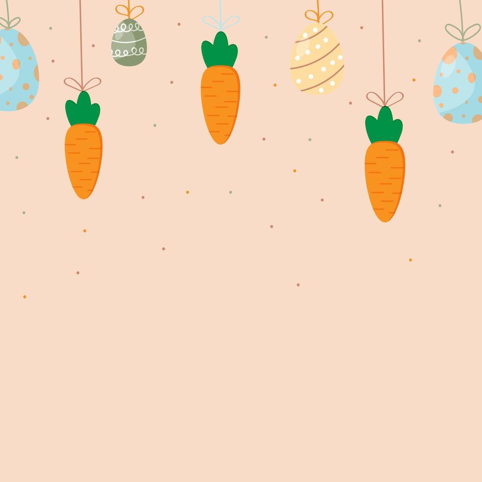 A minimalist Easter illustration featuring hanging decorative elements carrots and painted eggs on a beige background. vector