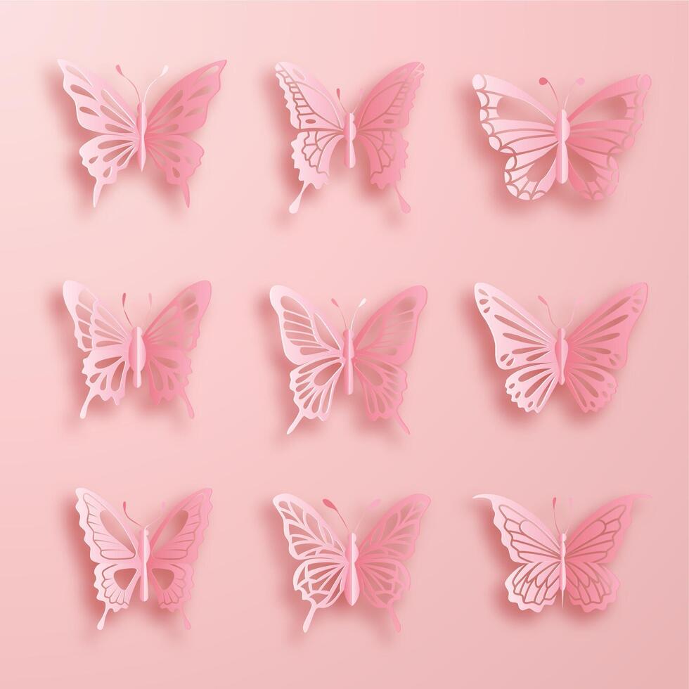 Elegant pink paper cut butterflies on a pastel background vector