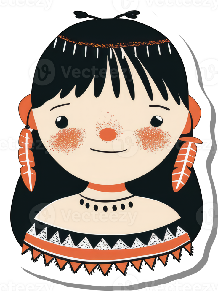Adorable Indigenous Girl Sticker Design Featuring Tribal Attire png