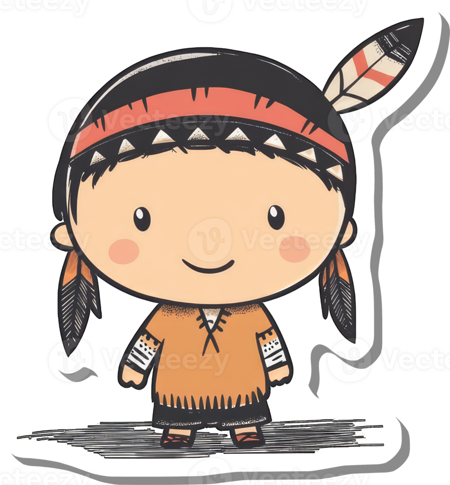 Adorable Cartoon Native American Child Wearing Traditional Clothing png