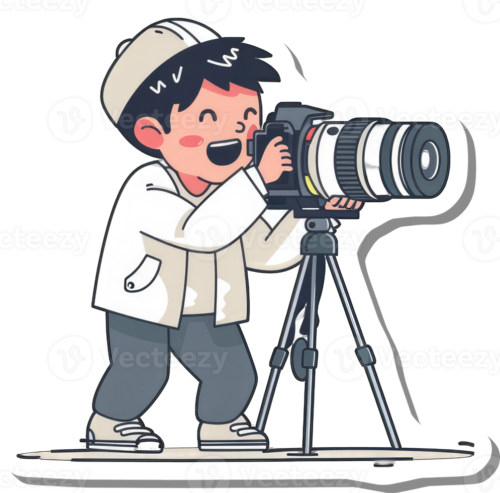 Happy Boy Using Professional Camera On Tripod png