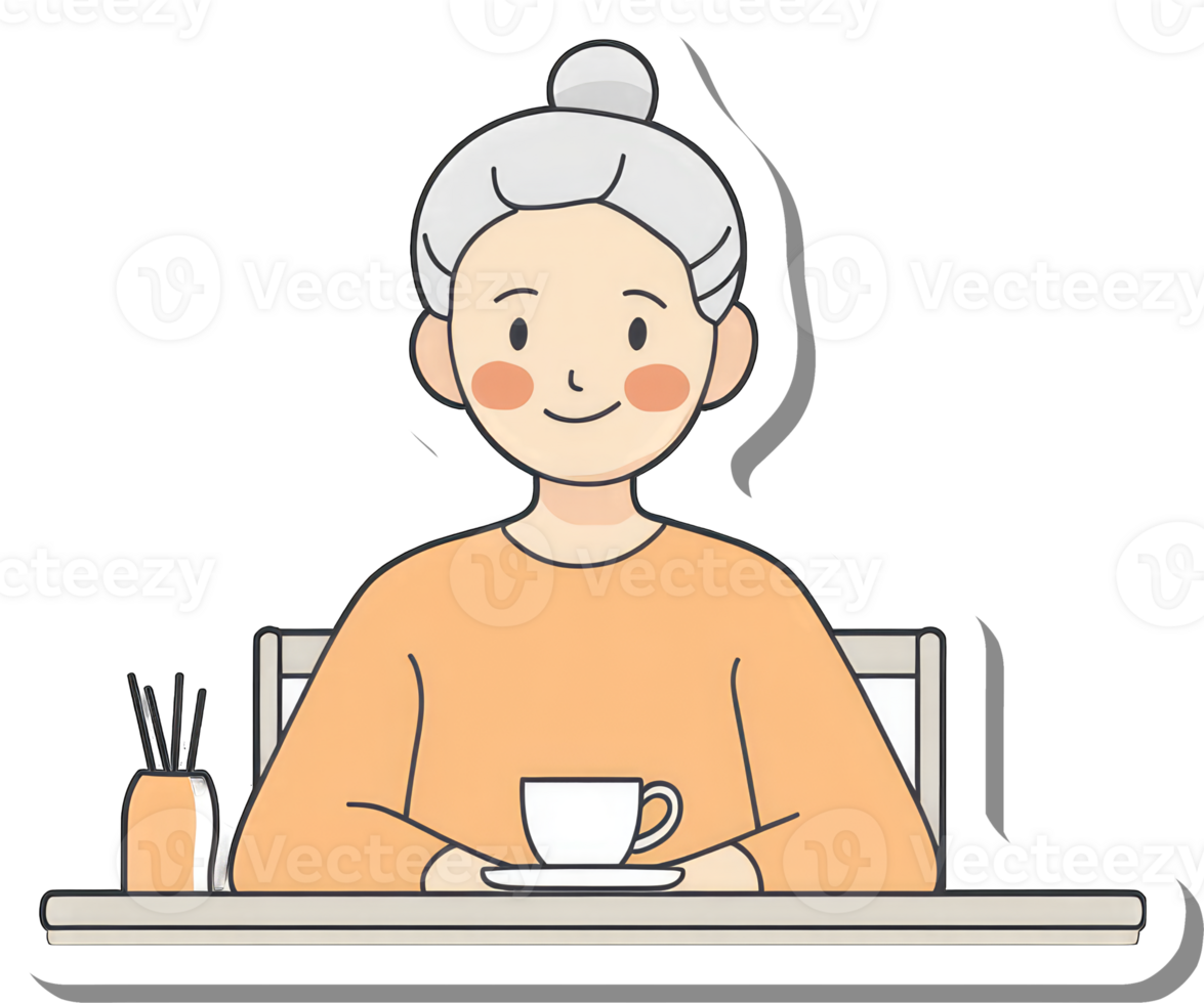Elderly Woman Sitting Table Enjoying Tea Time png