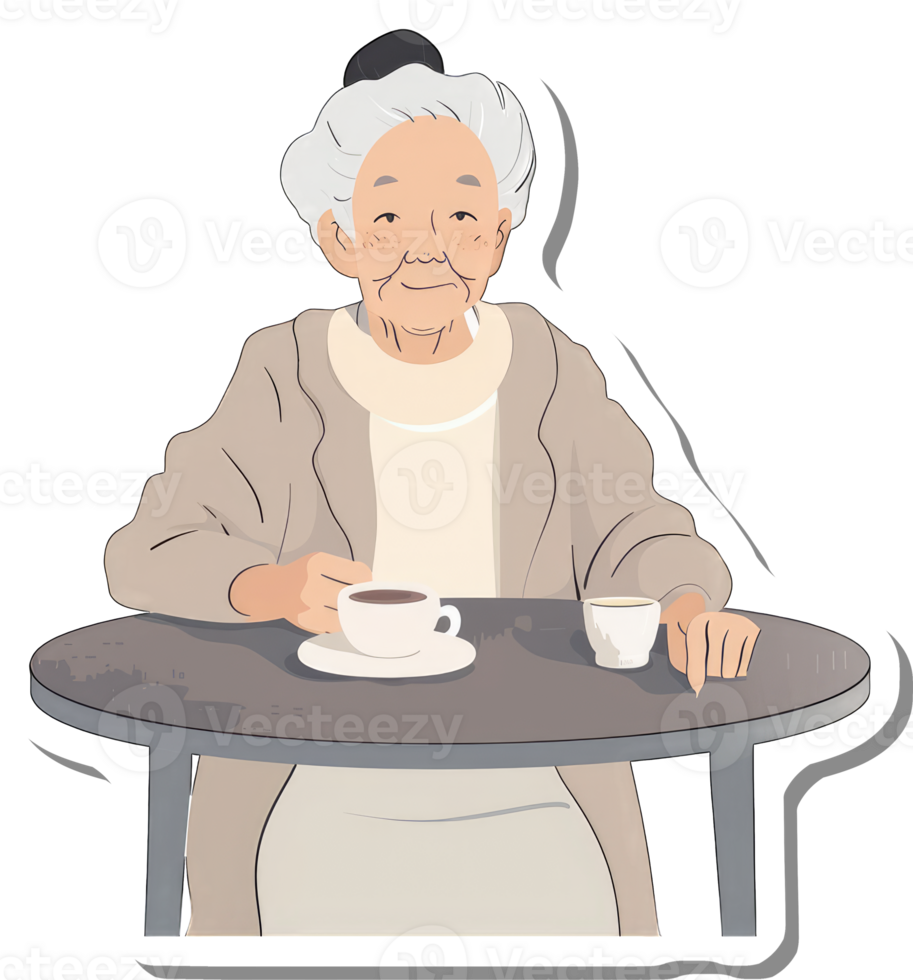 Elderly Woman Enjoying Coffee At A Small Table png