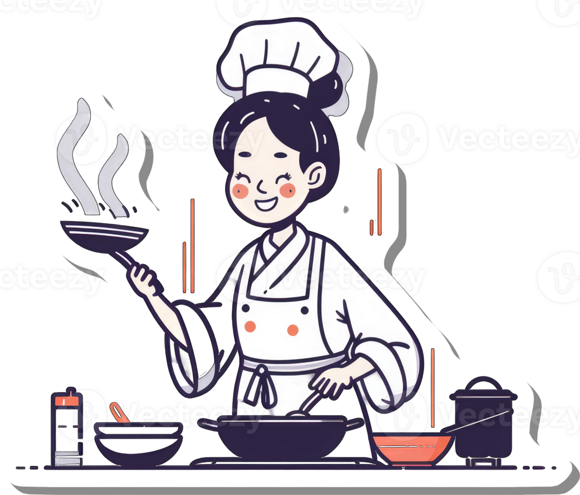 Happy Female Chef Cooking Delicious Asian Food png