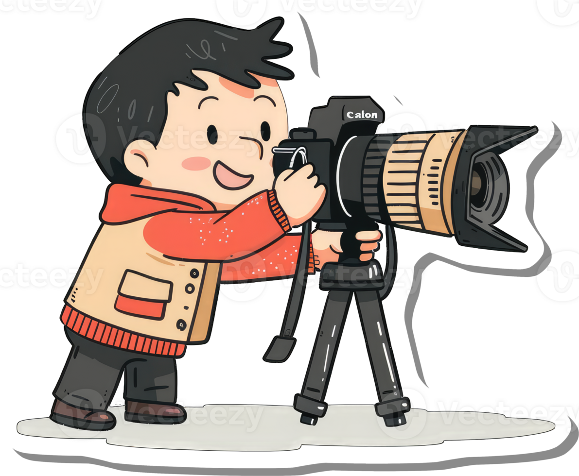A Cartoon Boy Uses A Canon Camera On A Tripod png