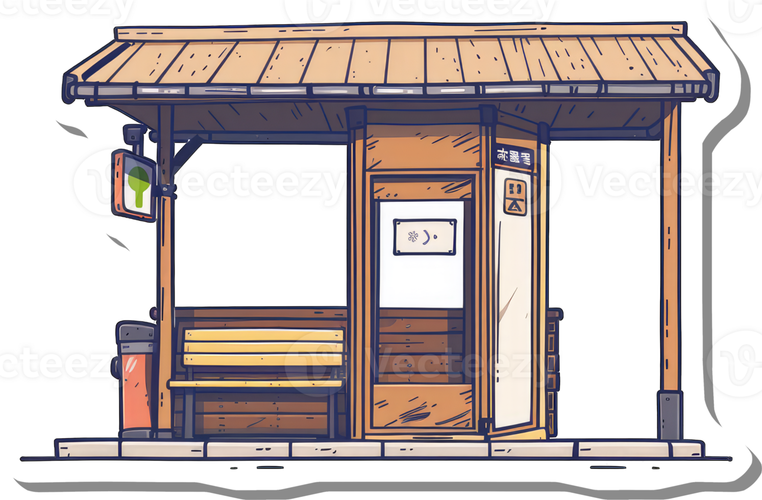 A Wooden Bus Shelter With A Bench And Sign png