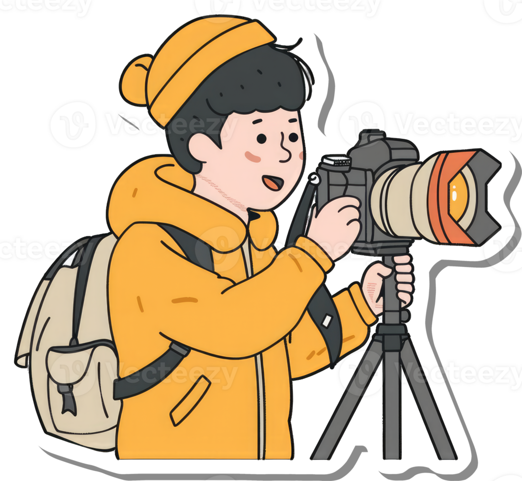 Young Photographer Using Camera On Tripod png