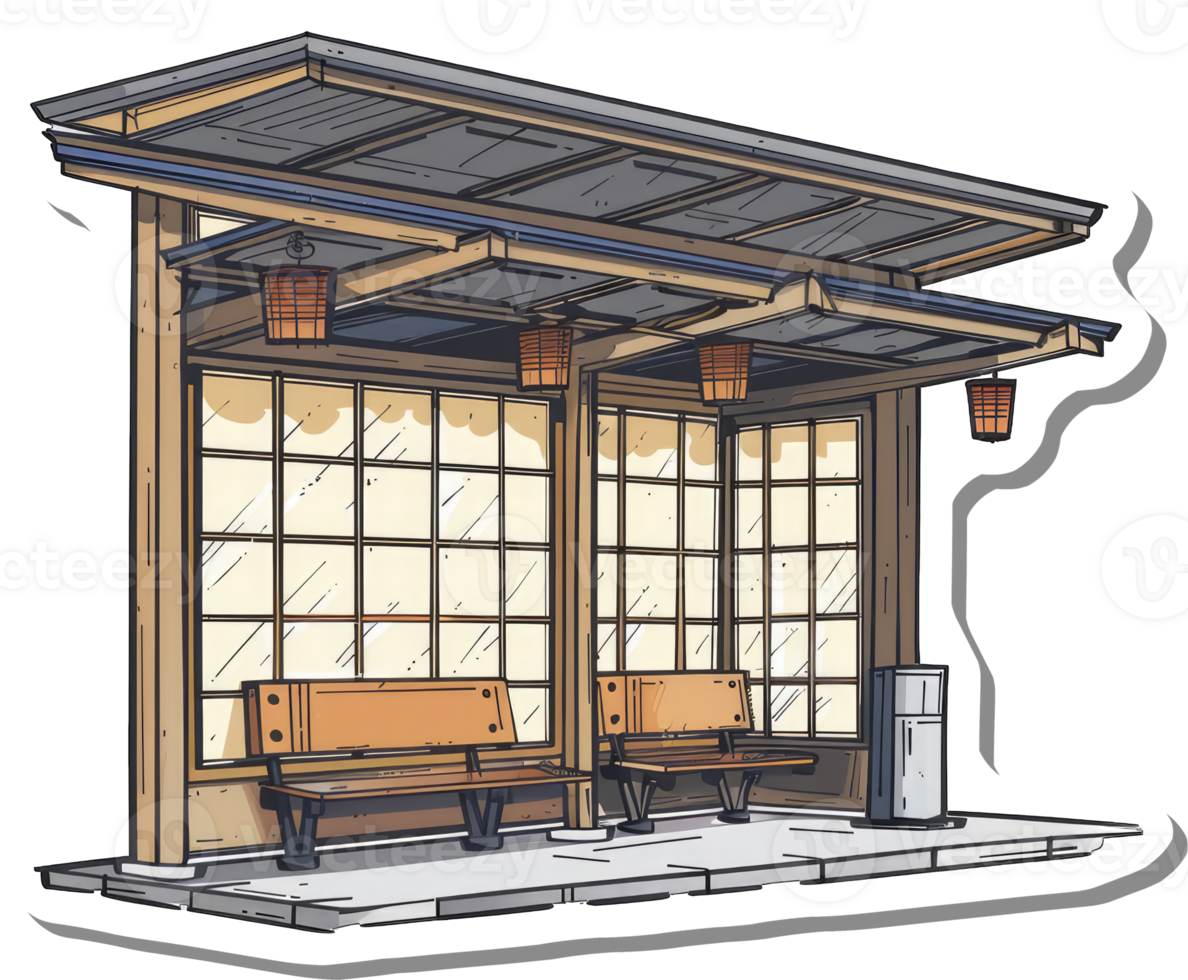 Asian Style Bus Stop Shelter With Benches png