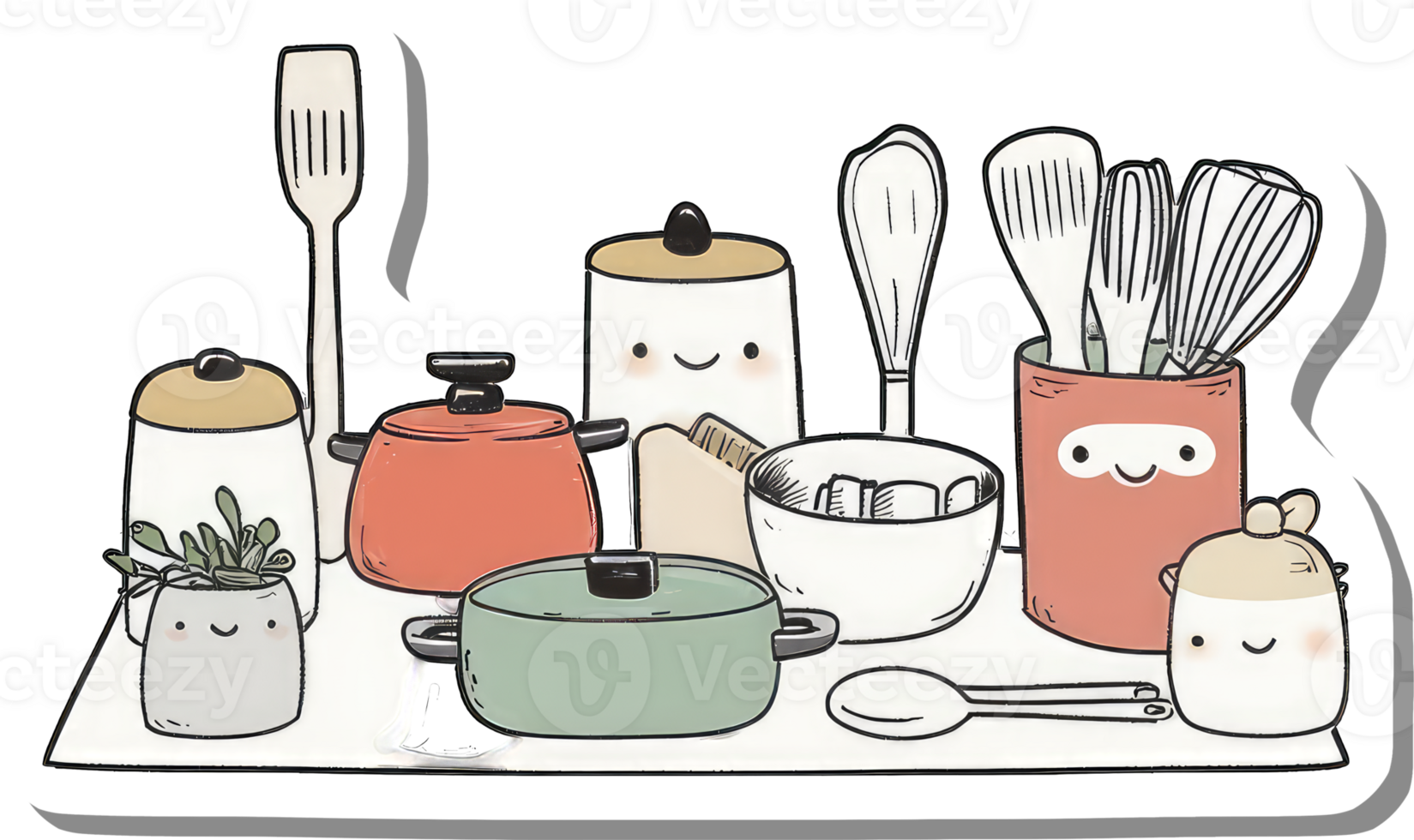 Cute Kitchen Utensils and Pots Arranged on a Counter png