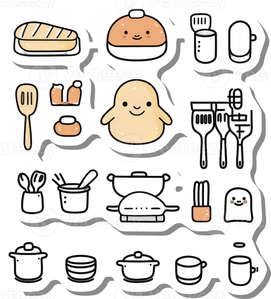 Adorable Cartoon Kitchen Utensils and Food Items png