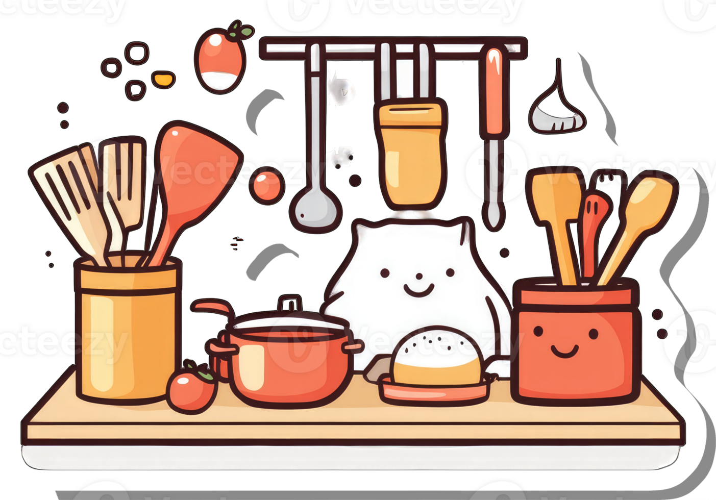 Adorable Cartoon Kitchen Utensils and Cooking Pot Scene png