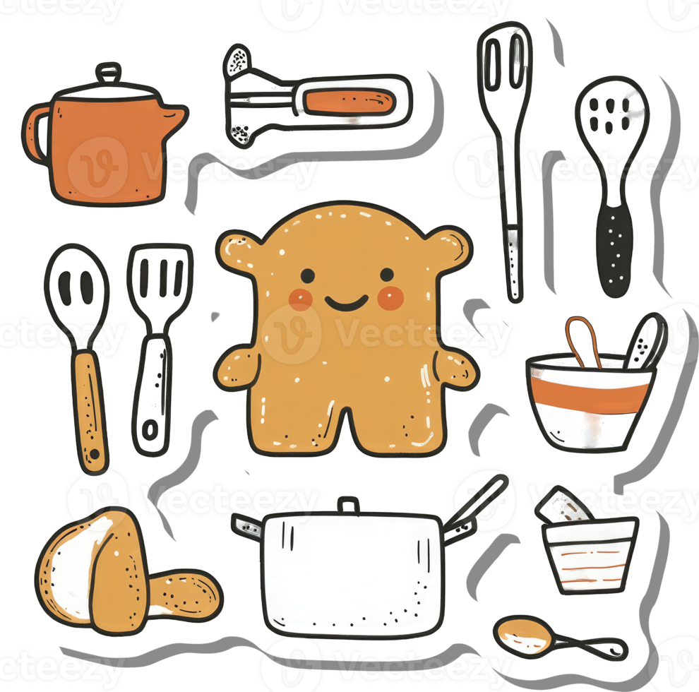 Cute Kitchen Utensils and Friendly Monster Character png