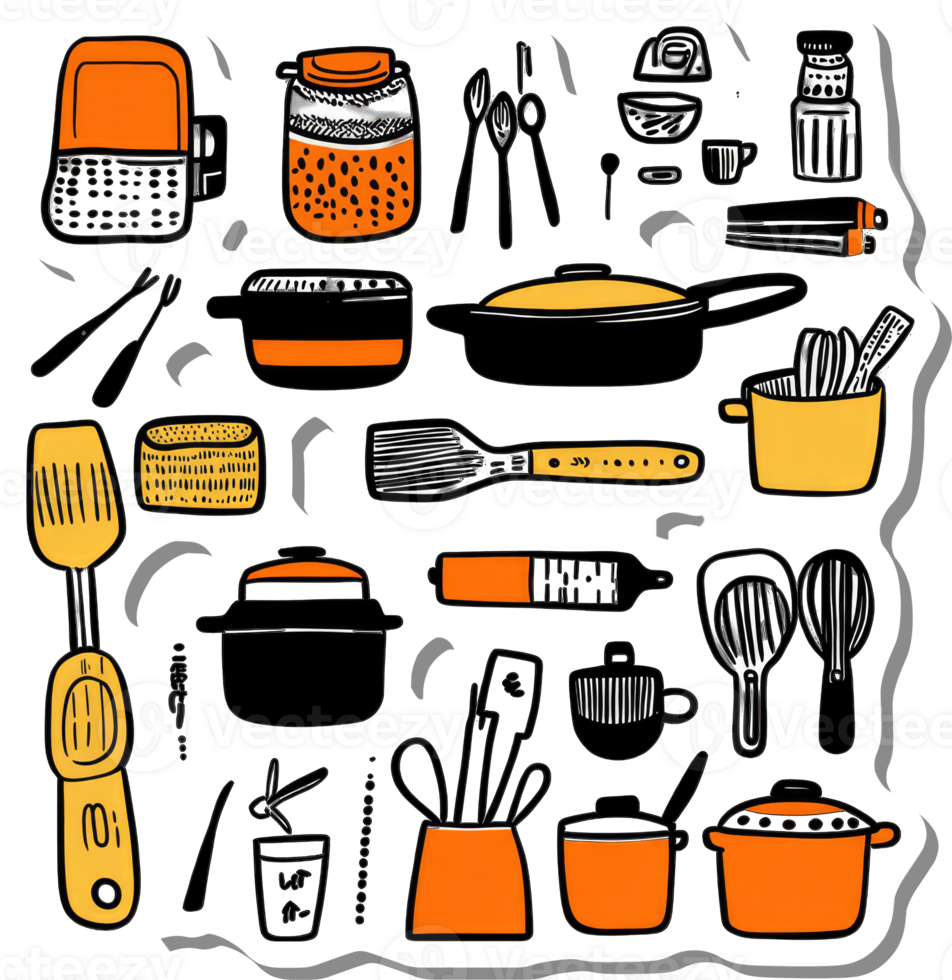 A Colorful Collection Of Kitchen Utensils And Cookware png