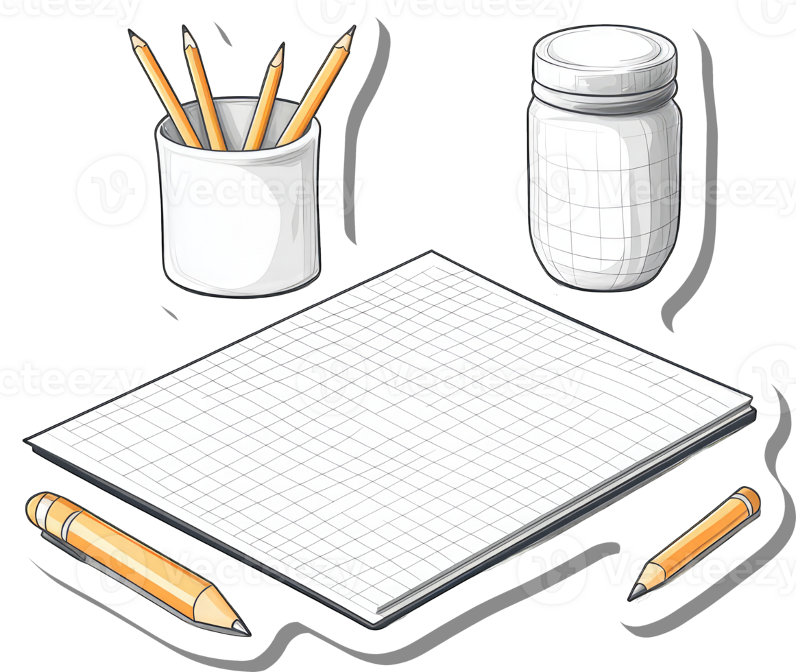 Stationery items including pencils notepad and jar png