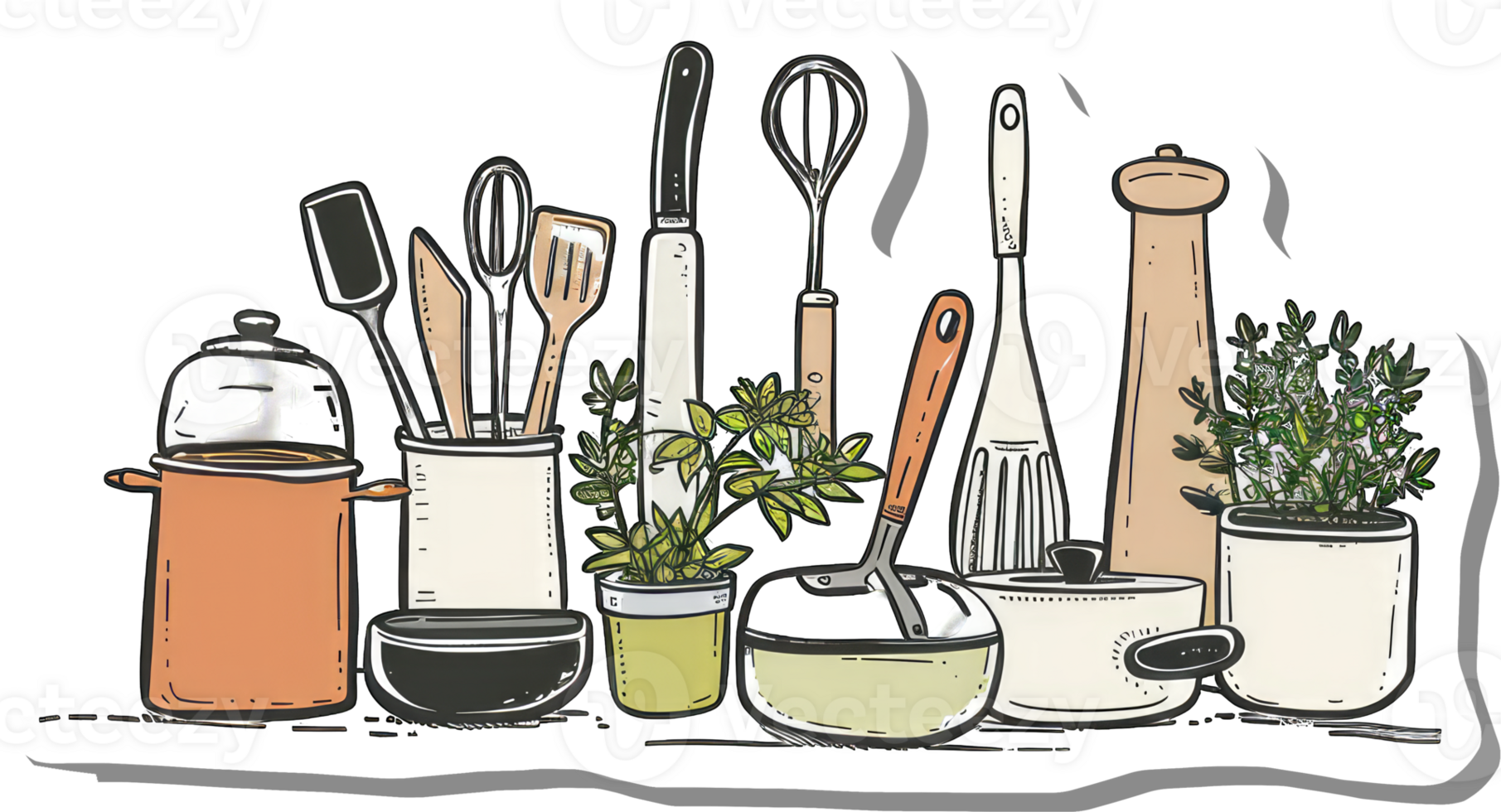 Kitchen Utensils and Herbs Arranged Neatly Together png