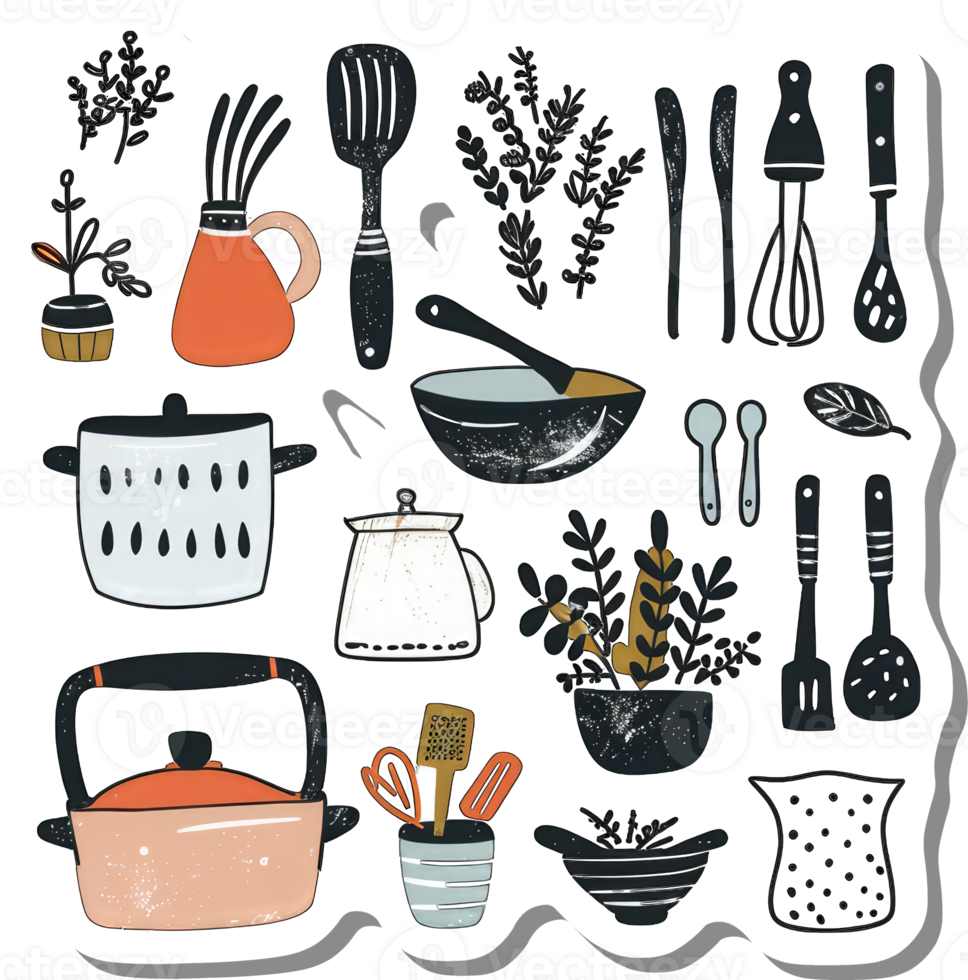 Colorful Kitchen Utensils and Herbs Decoration png
