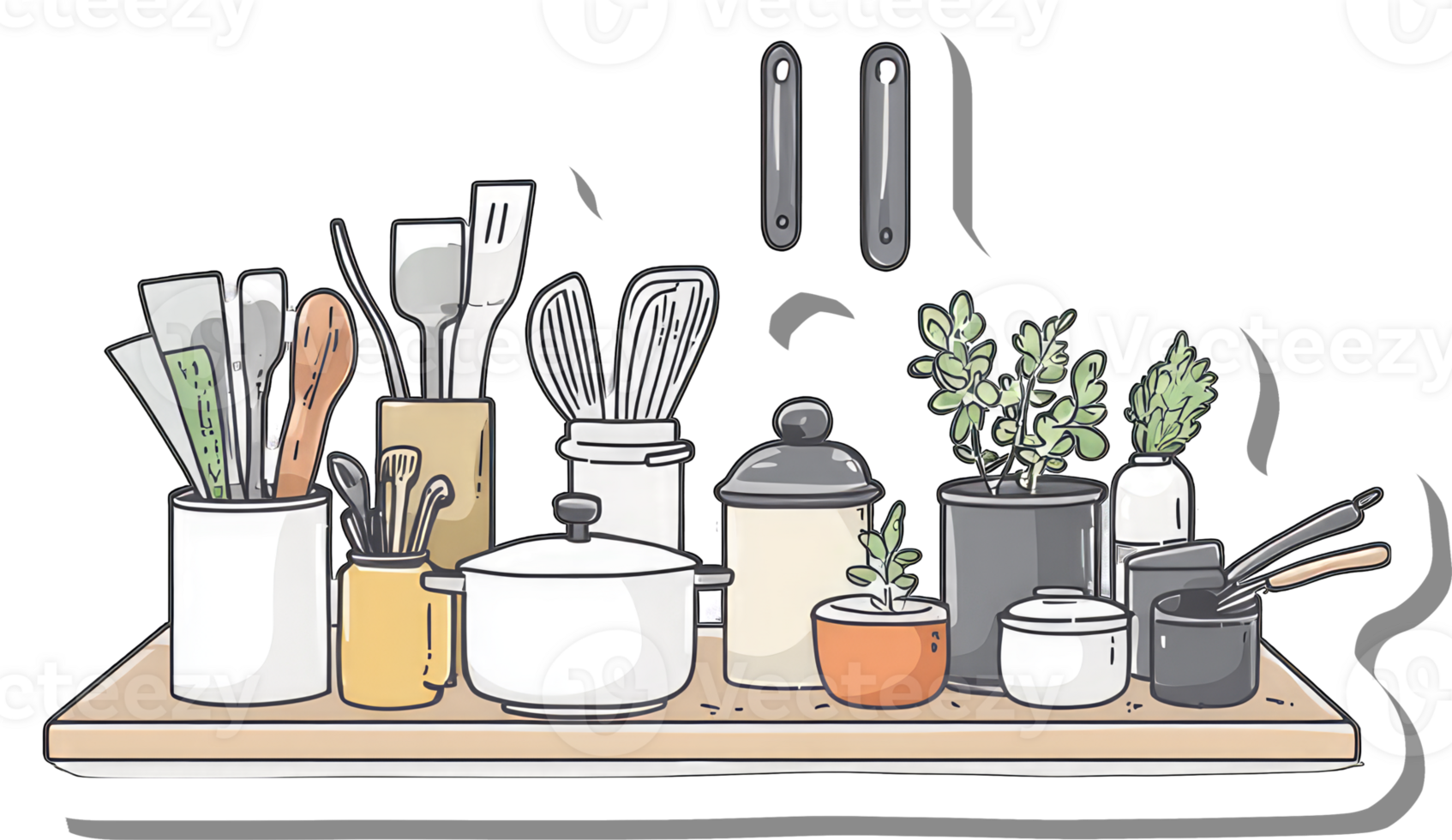 Organized Kitchen Utensils and Plants on Shelf png