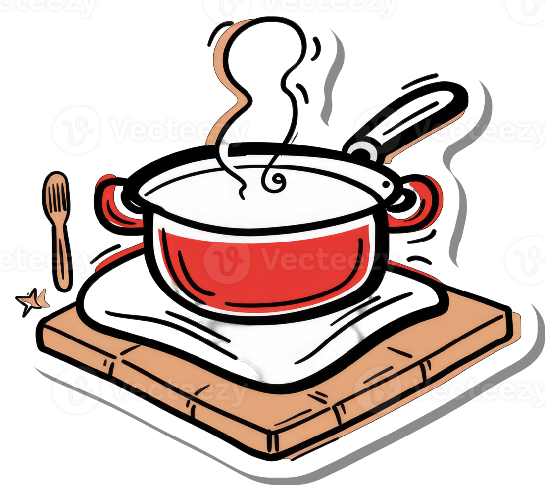 A Red Pot Simmers on a Wooden Board with a Spoon png