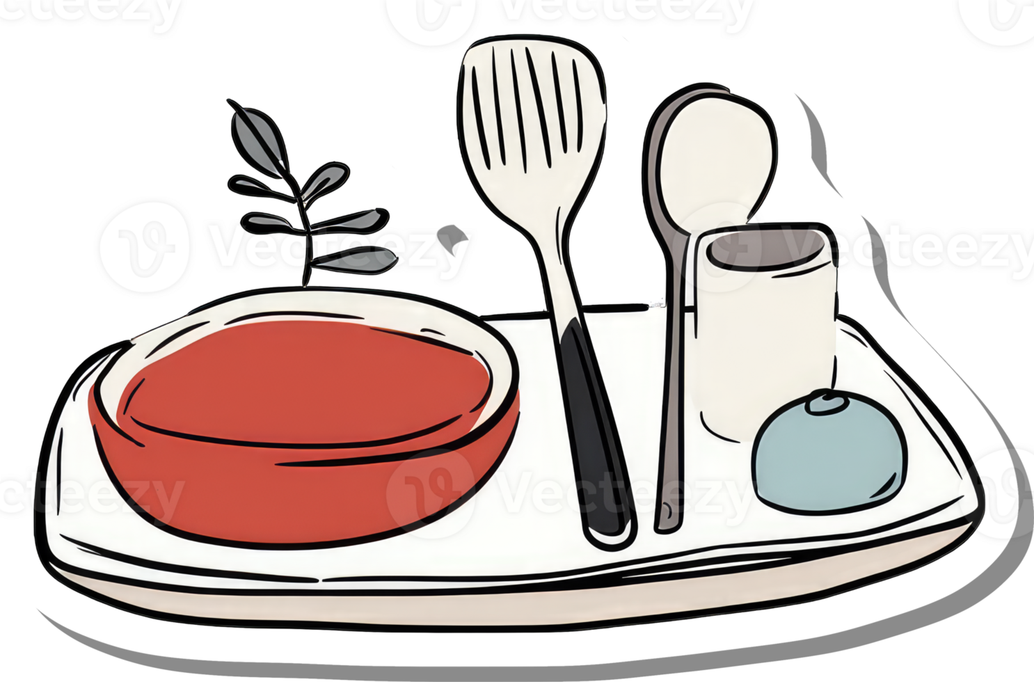 Tray of food with utensils and a small plant png