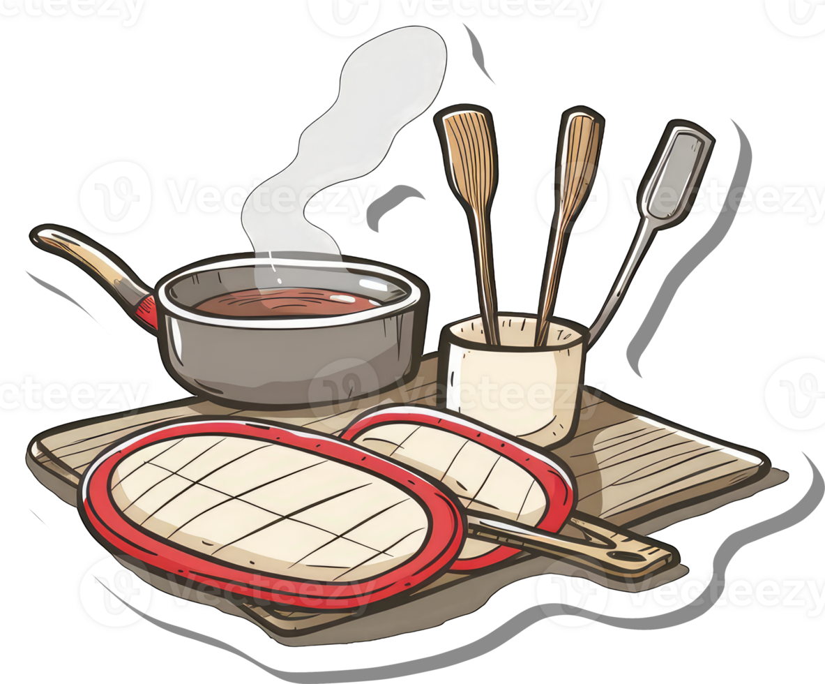 Cooking Utensils and Steaming Food on a Wooden Board png