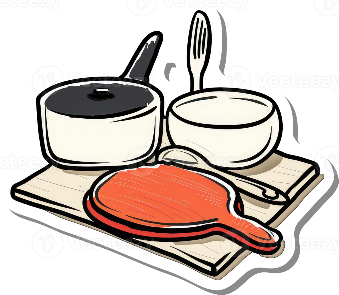 Kitchen Utensils and Cooked Salmon on a Cutting Board png