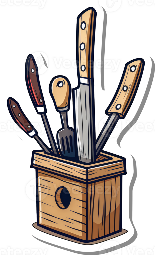 Wooden Block Holds Various Kitchen Knives and Utensils png