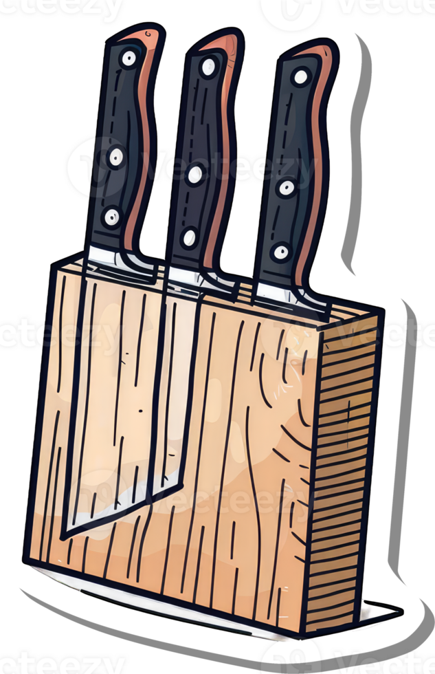 Three Kitchen Knives in Wooden Block Holder png