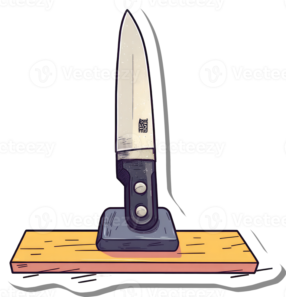 A sharp kitchen knife rests on a wooden cutting board png