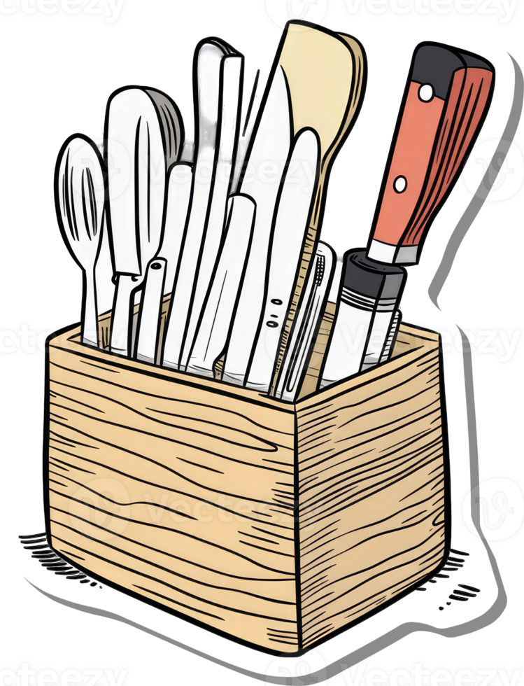 Wooden box holds kitchen utensils and a knife png