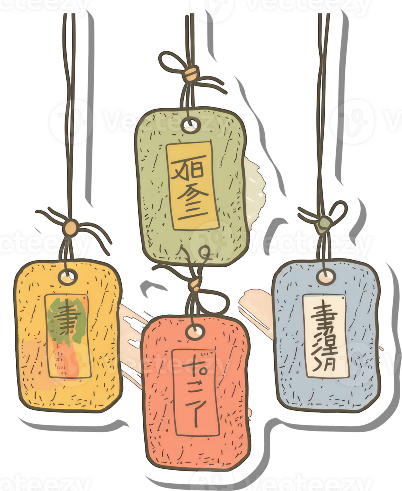 Four Colorful Japanese Ema Prayer Plaques Hanging png