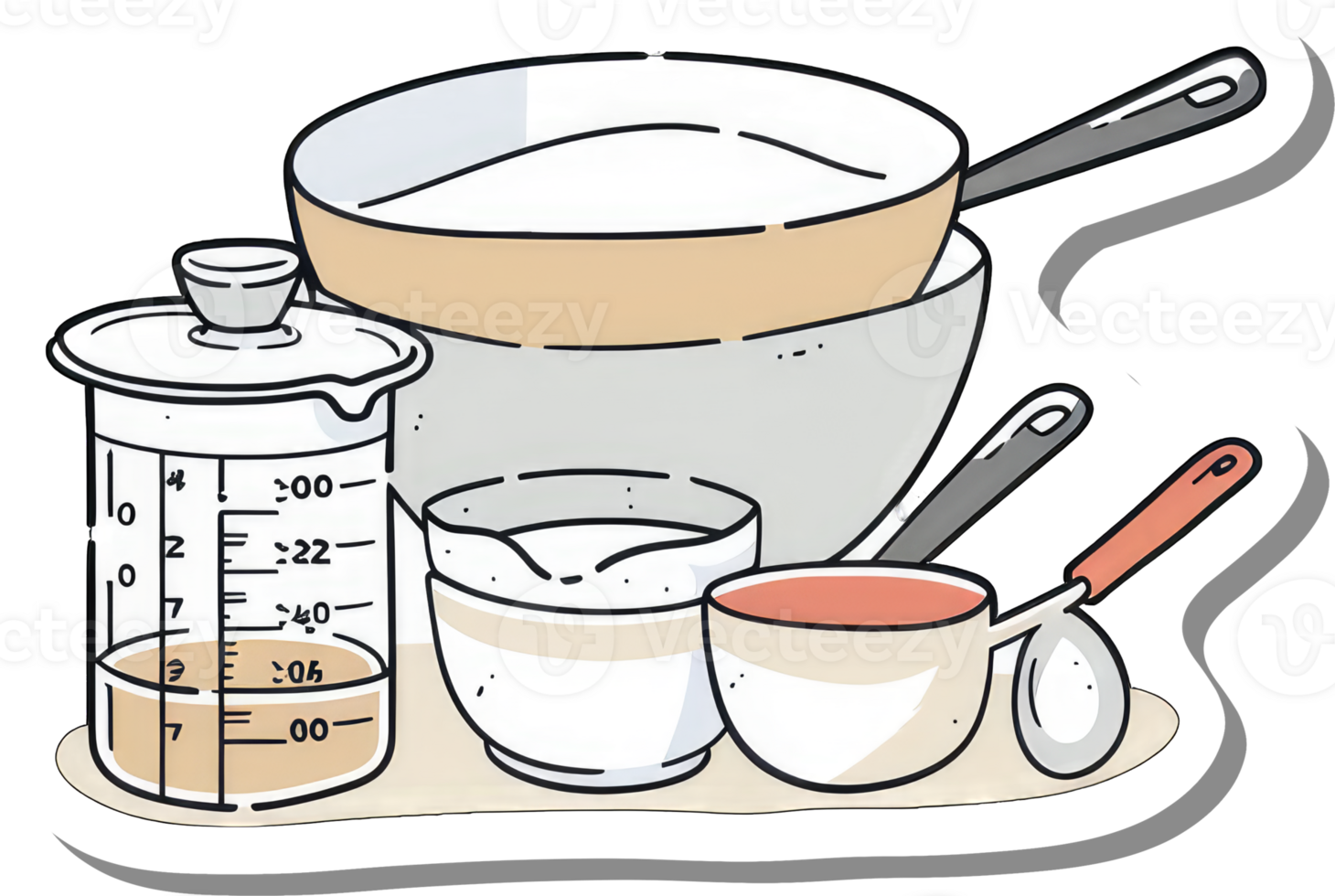 Baking ingredients in various bowls and measuring cups png