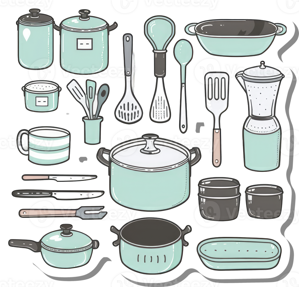 A Collection Of Pastel Green Kitchen Cookware And Utensils png