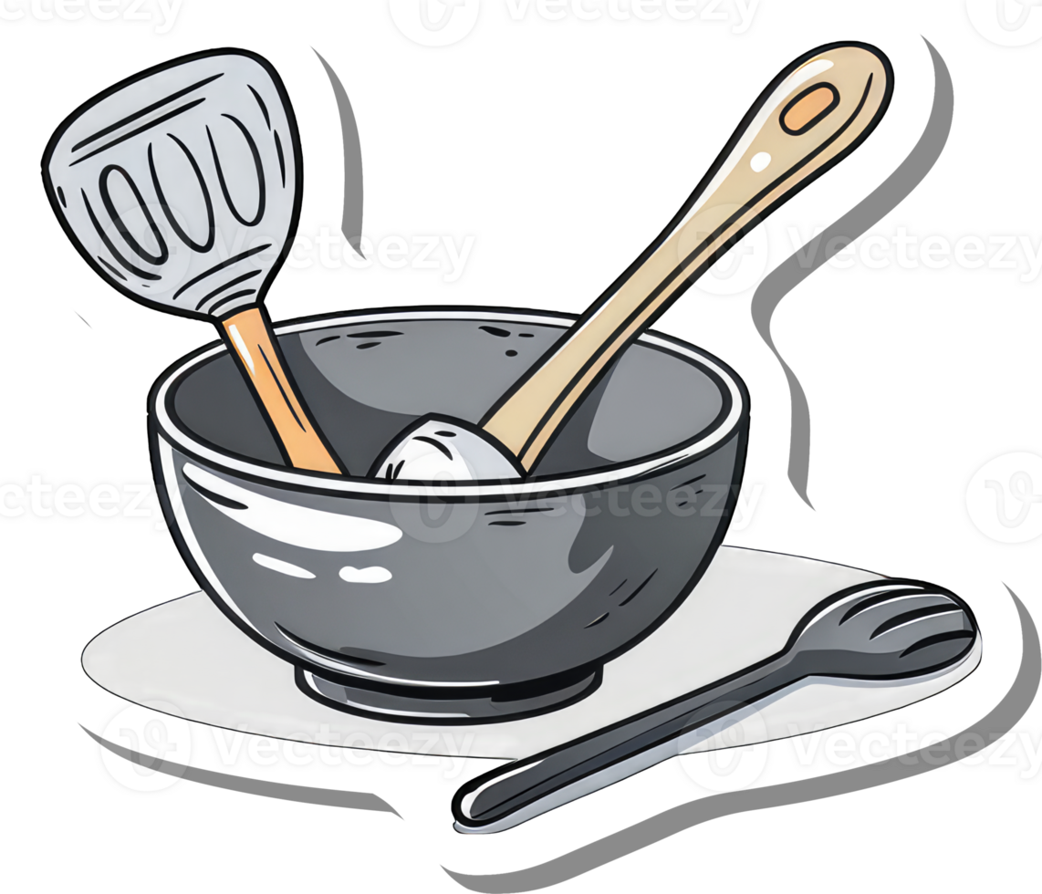 Gray Bowl with Wooden Spoon and Spatula png