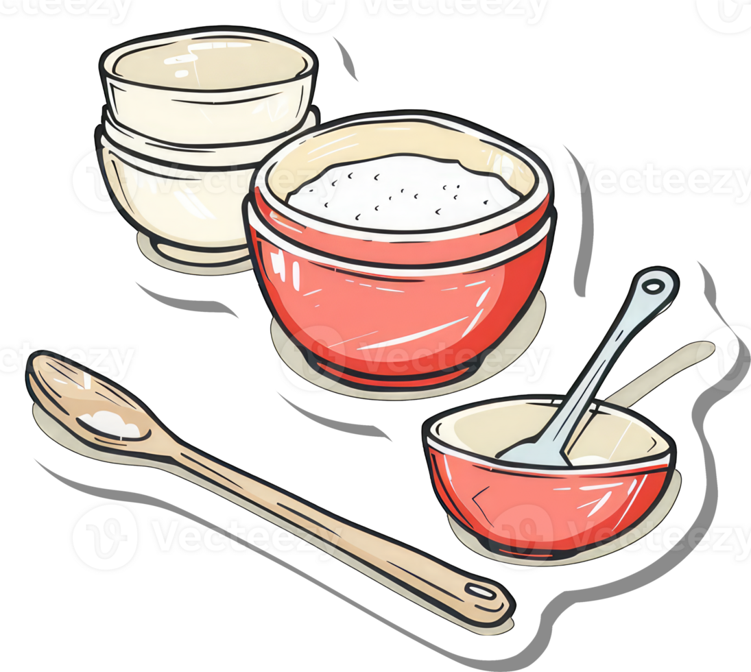 Red bowls spoons and ingredients for baking png