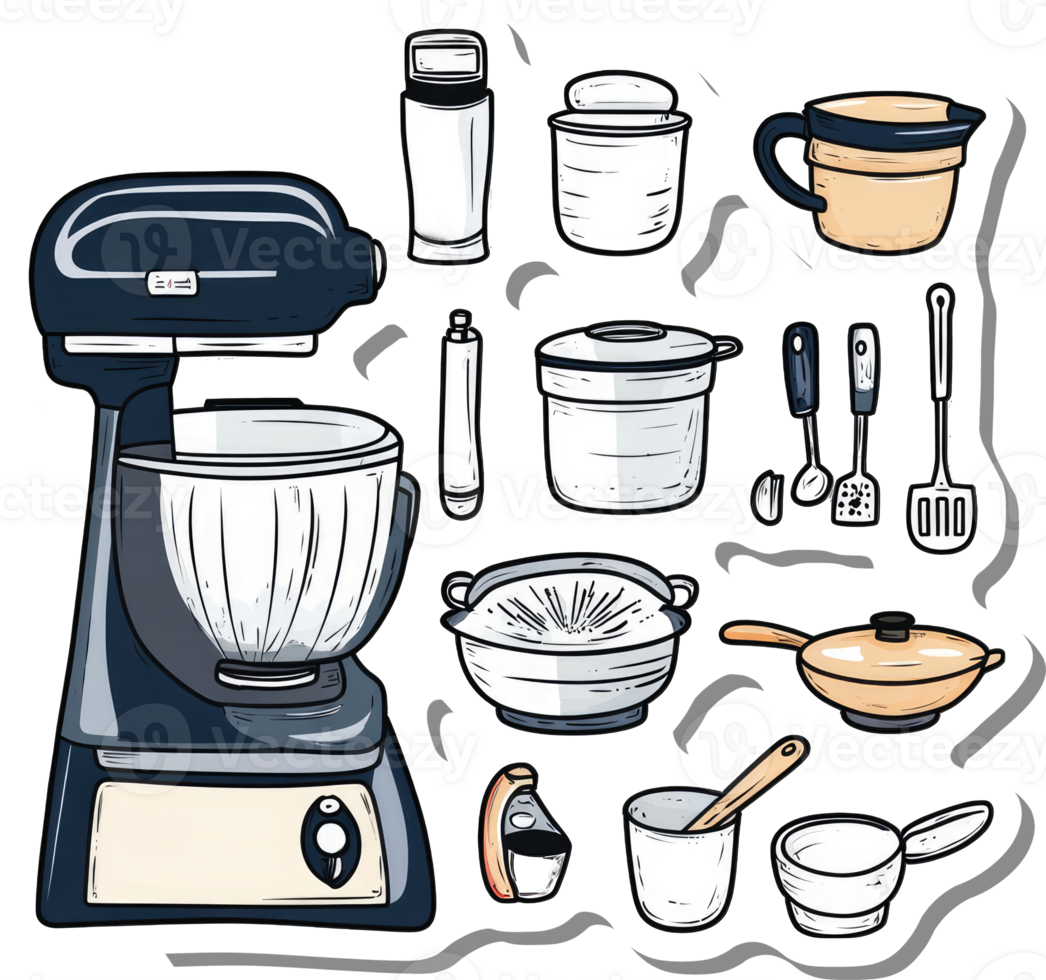Collection of Kitchen Appliances and Utensils for Baking and Cooking png