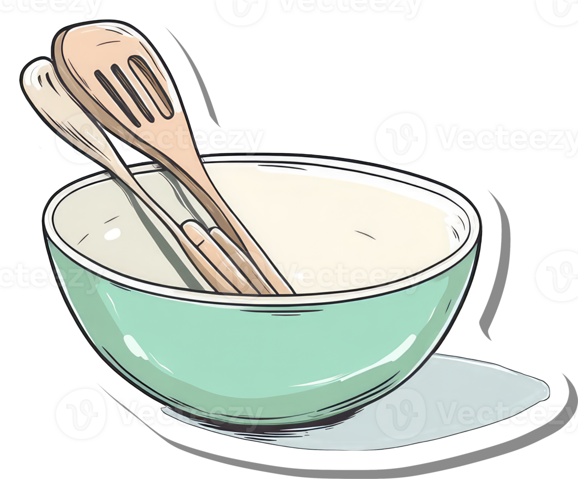 Wooden Spoons Resting Inside a Teal Mixing Bowl png