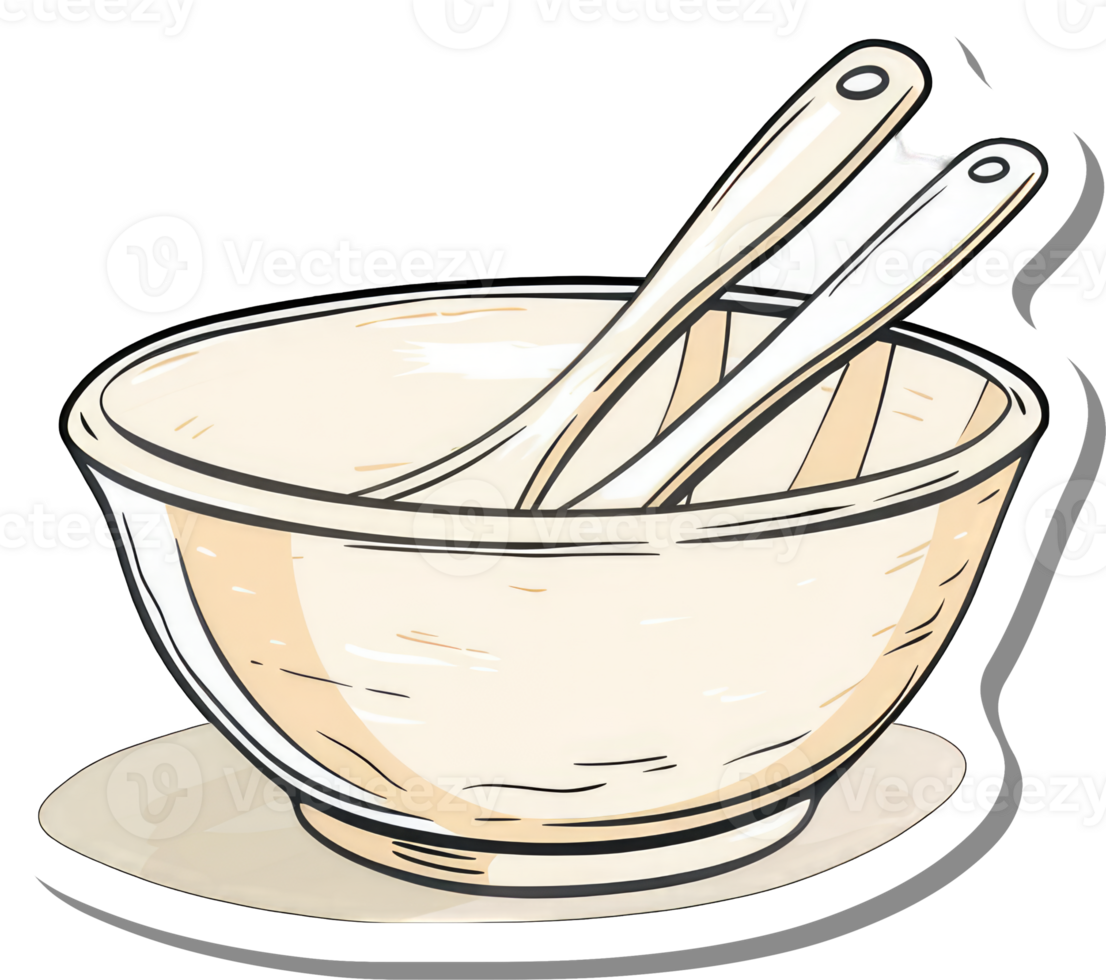 A beige bowl with two wooden spoons inside png