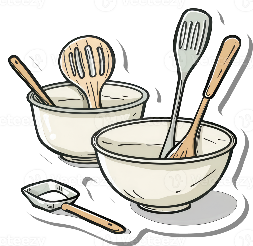 Two Mixing Bowls with Wooden and Metal Utensils png
