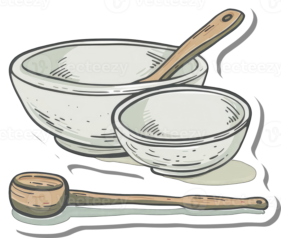 Two ceramic bowls and wooden spoons cooking utensils png
