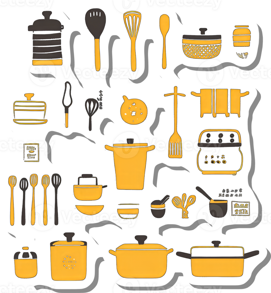 Yellow and Black Kitchen Utensils and Cookware Collection png