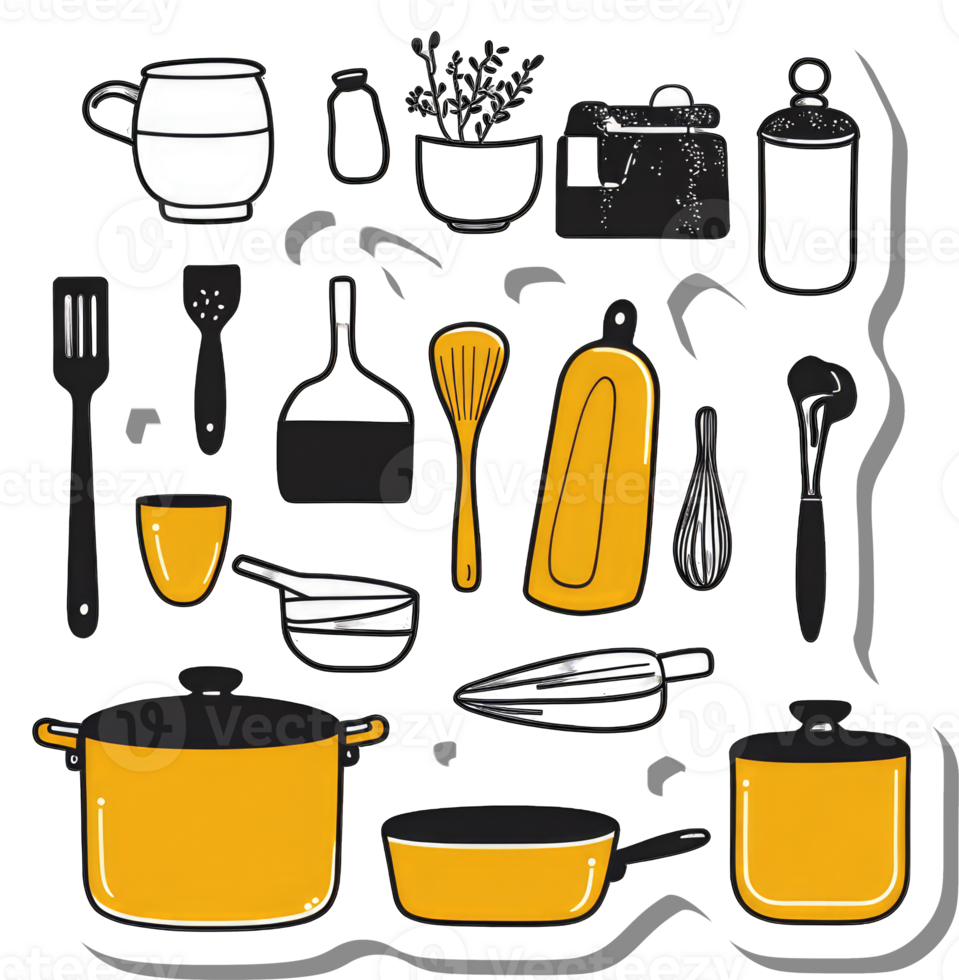 Yellow and Black Kitchen Utensils and Containers png
