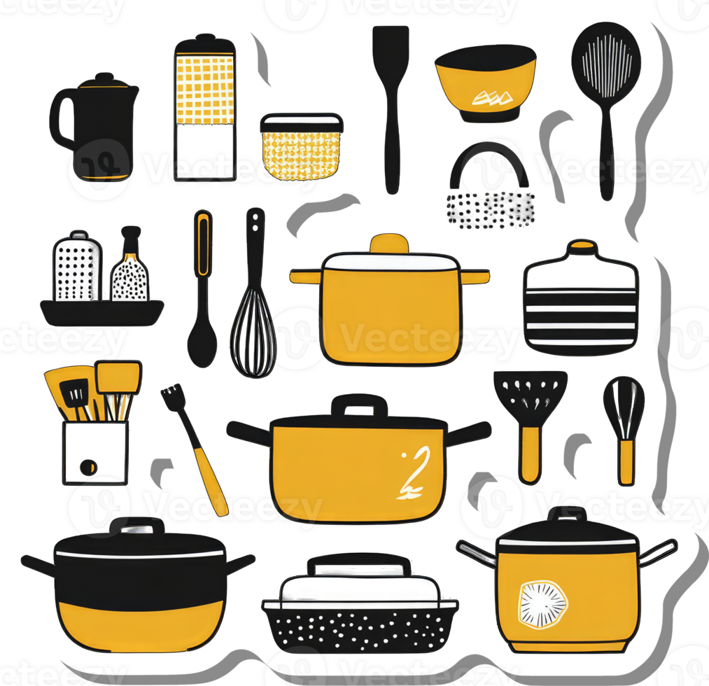 A Collection Of Mustard And Black Kitchen Utensils png
