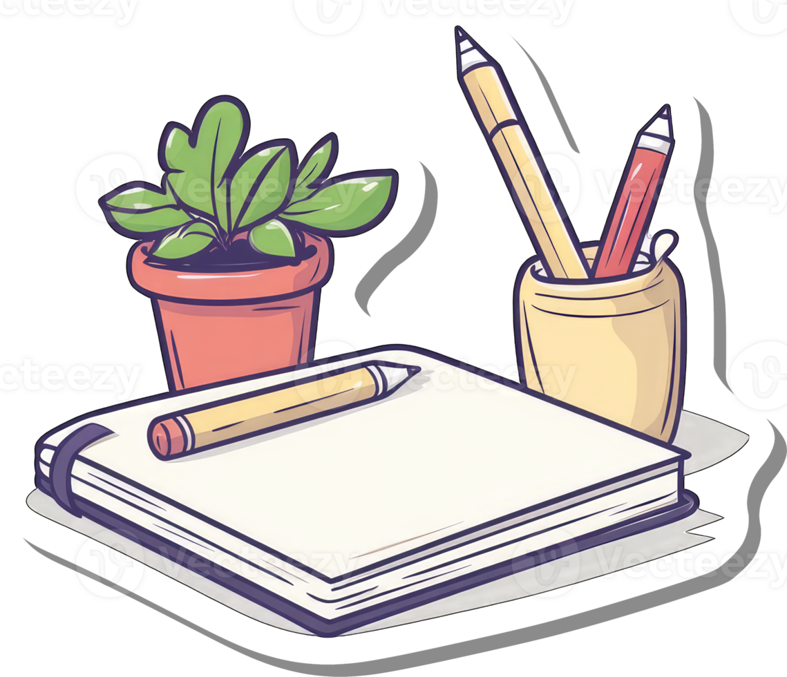Notebook Pencils Plant Pot Creative Workspace Illustration png