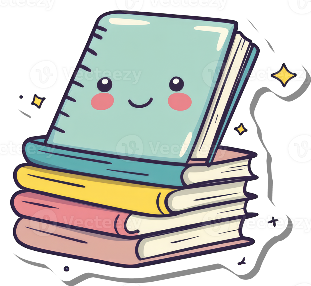 A happy smiling book rests atop a stack of books png