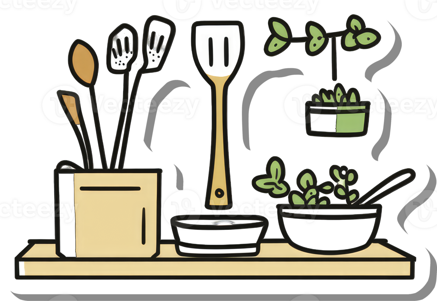 Kitchen Utensils Plants and Bowls on Shelf png