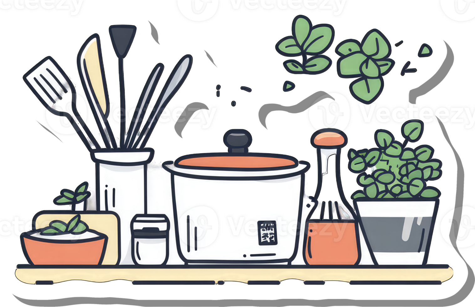 Kitchen Utensils Plants And Cooking Pot Arranged On A Shelf png