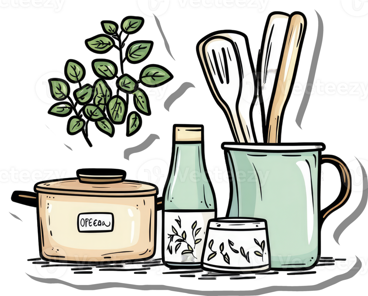 Kitchen Utensils and Herbs in a Cozy Setting png