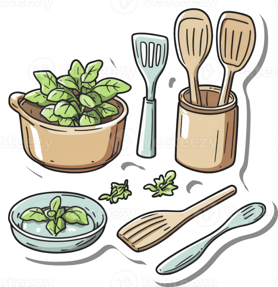 Kitchen Utensils and Basil Plants in Pots png