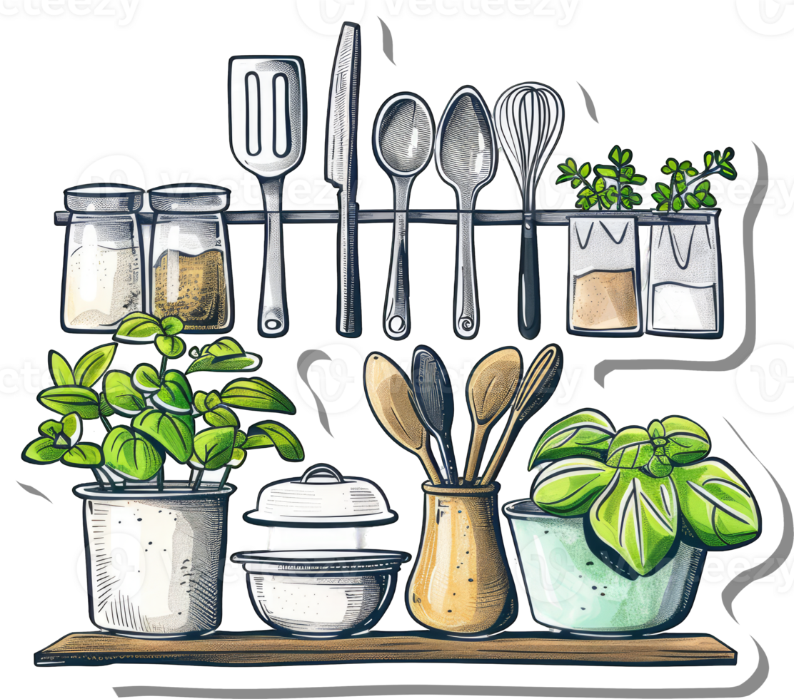 Kitchen Utensils Herbs and Spices Organized on a Shelf png